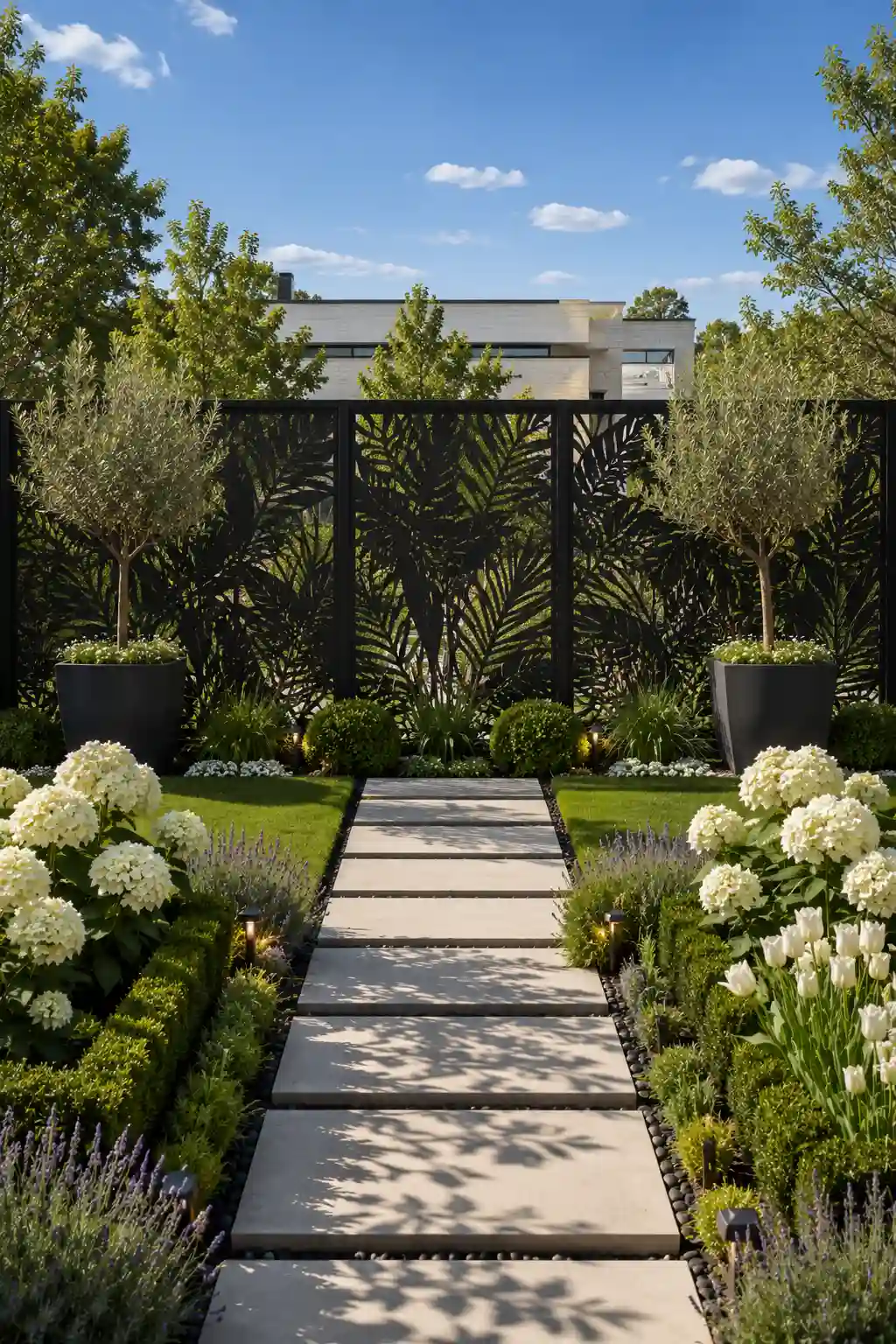 Modern decorative laser cut metal garden fence with elegant botanical leaf patterns, matte black steel privacy panels, white hydrangeas, lavender borders, manicured boxwood hedges, olive trees in black planters, wide concrete walkway, luxury backyard landscaping, contemporary garden fencing ideas, designer outdoor privacy fence inspiration.