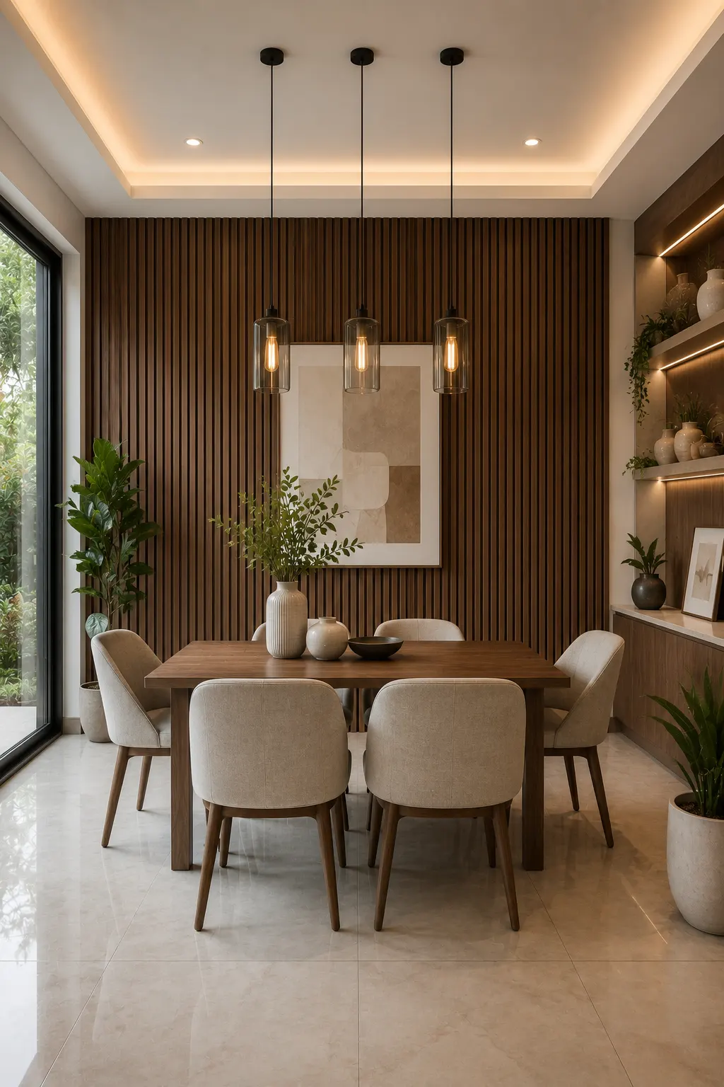 Luxury small dining room with a modern walnut wood slat accent wall, rectangular wooden dining table, upholstered dining chairs, glass pendant lights, built in shelving, indoor plants, polished porcelain flooring, contemporary artwork, and elegant residential interior with designer finishes.