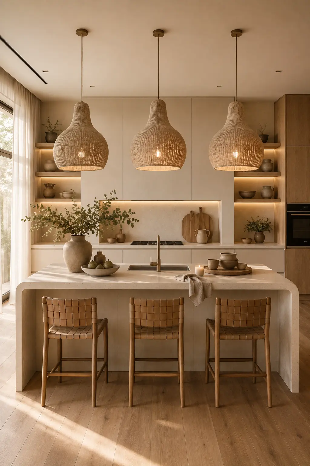 Luxury warm neutral kitchen featuring oversized woven linen pendant lights above a curved waterfall kitchen island, creamy white cabinetry, natural wood shelving, woven leather bar stools, soft ambient lighting, ceramic decor, warm oak flooring, elegant neutral kitchen palette, sculptural woven pendant lighting, modern kitchen island lighting ideas, cozy luxury kitchen design, timeless contemporary kitchen inspiration