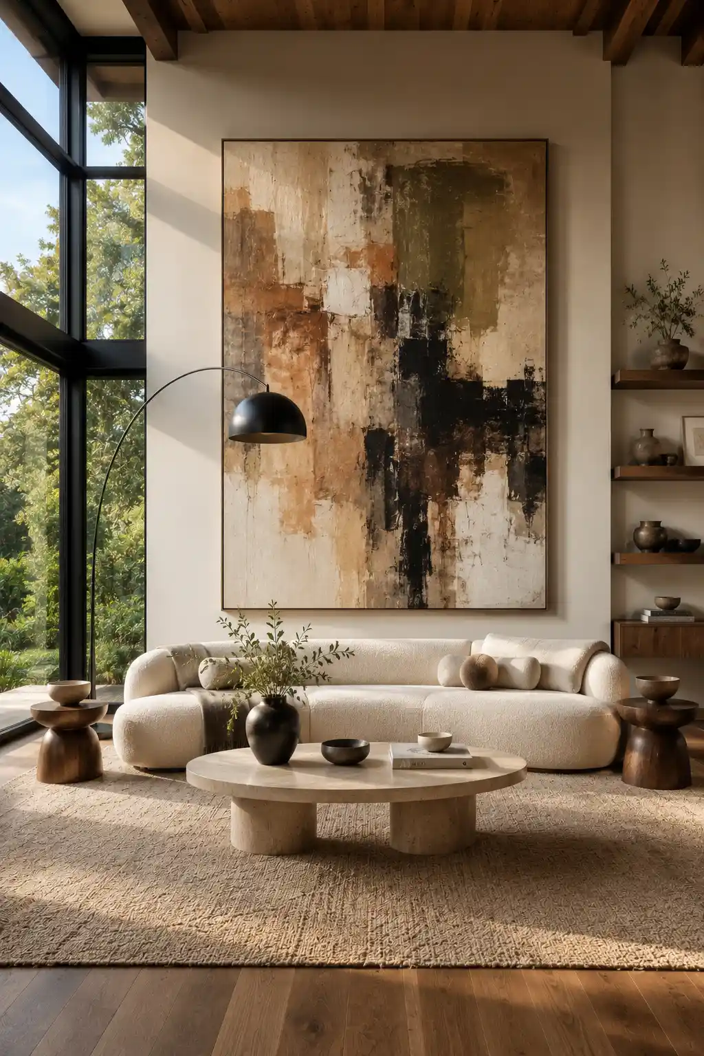 Sophisticated mid century modern living room showcasing oversized abstract wall art above a curved cream sofa, round travertine coffee table, walnut side tables, sculptural black floor lamp, floating walnut shelves, textured neutral rug, exposed wood beams, large black framed windows, warm earthy color palette, luxury modern living room inspiration.