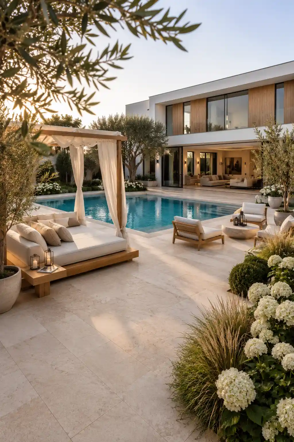 Luxury backyard pool featuring a wooden poolside cabana with flowing white curtains, oversized outdoor daybed, cream limestone decking, modern swimming pool, elegant outdoor lounge chairs, olive trees, flowering hydrangeas, premium landscaping, contemporary luxury home, resort style backyard retreat, relaxing poolside lounge zone, dream outdoor living inspiration, luxury backyard pool ideas with cabana.