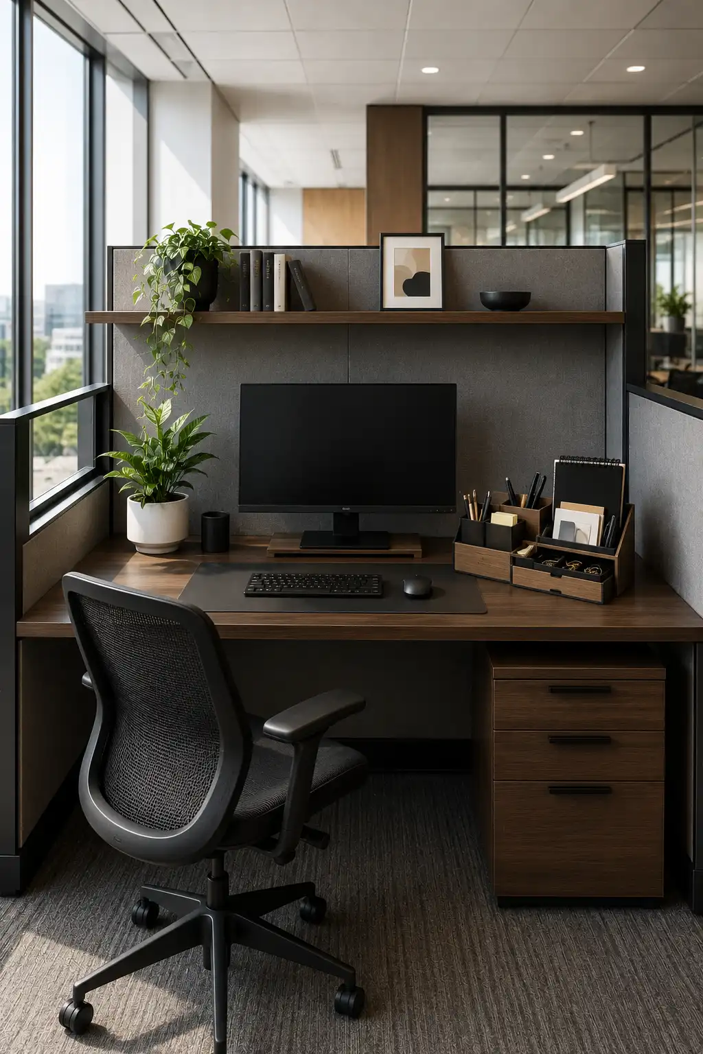 Luxury cubicle decor ideas featuring a premium wooden desk organizer, modern office accessories, organized stationery, minimalist desk setup, ergonomic office chair, indoor plants, floating shelf, clean workspace organization, neutral office decor, and elegant office desk inspiration.