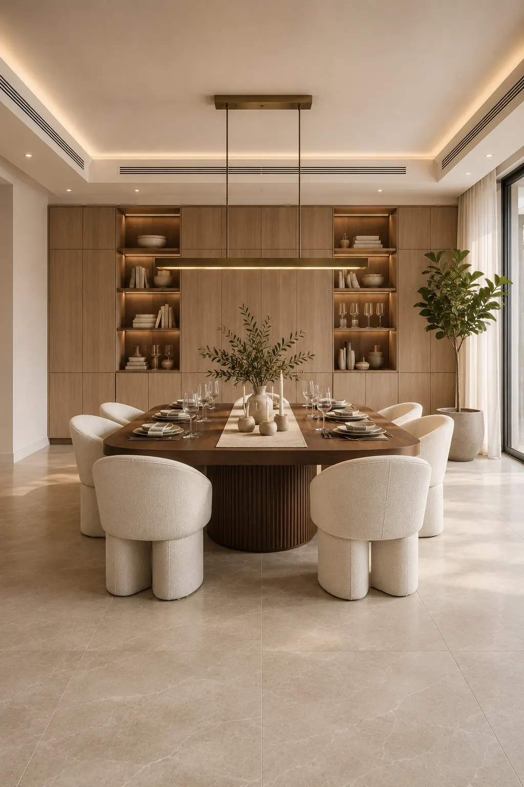 Contemporary dining room showcasing floor to ceiling built in walnut cabinetry, illuminated display shelves, floating storage cabinets, sculptural walnut dining table, boucle upholstered chairs, warm neutral color palette, architectural linear pendant light, and luxury modern dining room inspiration.