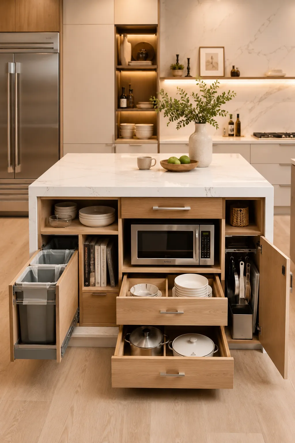 Luxury multifunctional kitchen island with built in storage drawers, hidden microwave cabinet, pull out trash bins, open shelving, cookware storage, quartz waterfall countertop, modern white kitchen island, custom kitchen storage solution, compact kitchen island organization, space saving kitchen island ideas for small kitchens.