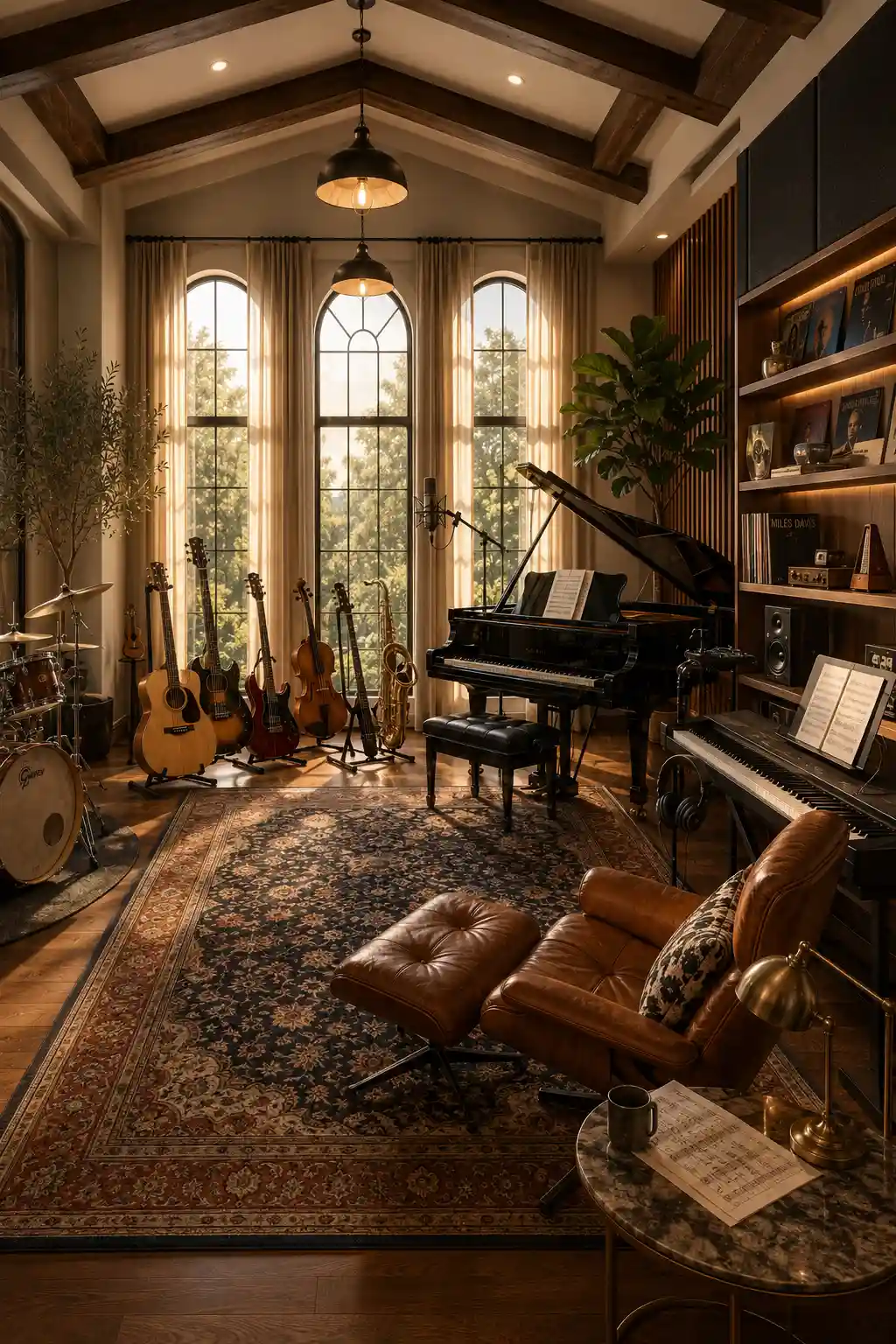 Luxury home music room featuring grand piano, acoustic guitars on designer wall mounts, elegant built in shelving, vinyl record display, premium sound system, leather lounge chair, warm wood flooring, oversized windows, acoustic wall panels, modern chandelier, cozy performance corner, stylish instrument storage, luxury music studio interior, sophisticated hobby room ideas, elegant home music room design, inspiring musician workspace, professional music practice room.