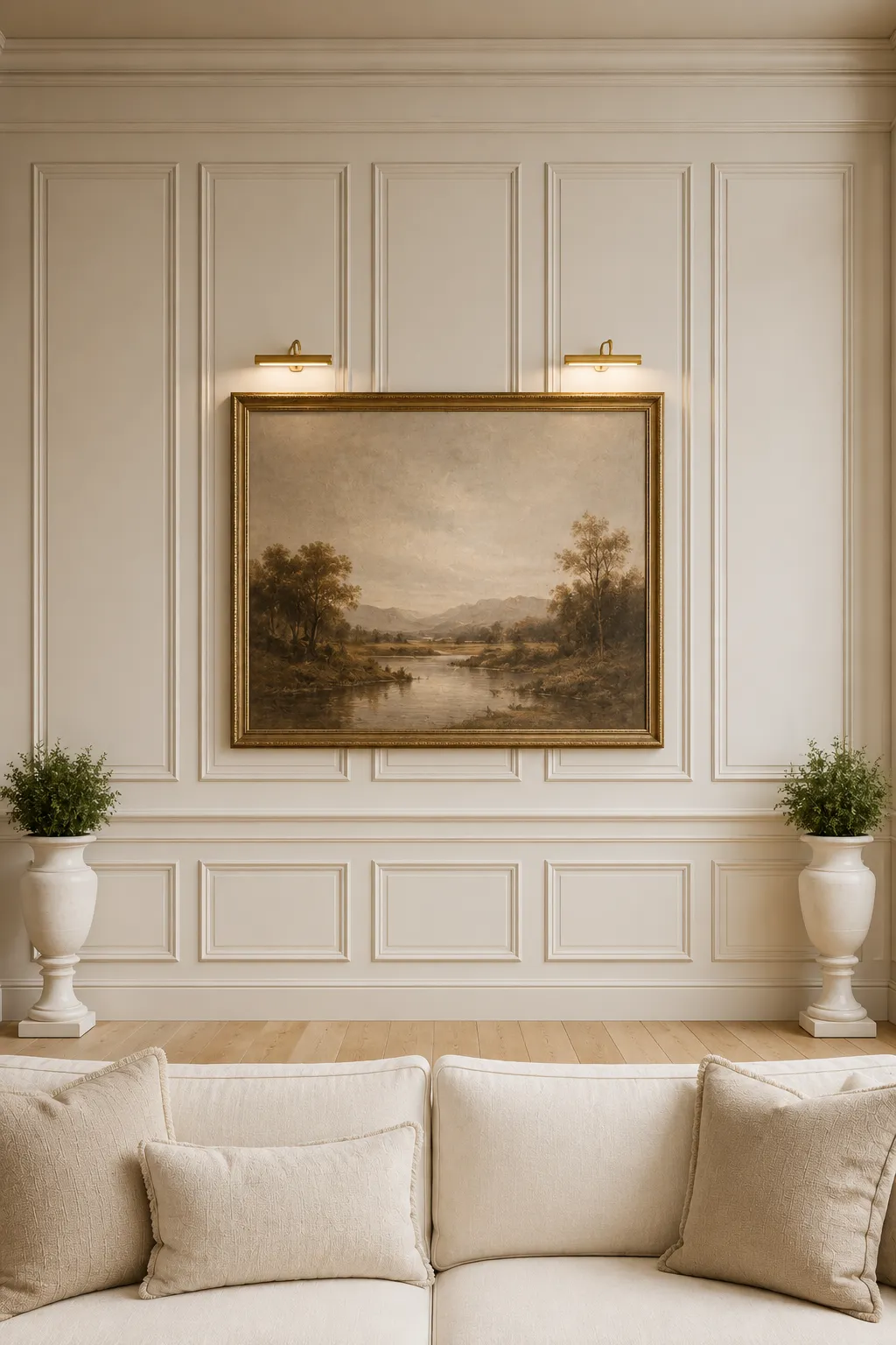 Elegant living room featuring classic wall molding with decorative wainscoting, oversized framed landscape artwork, brass picture lights, symmetrical architectural wall panels, pedestal planters, warm neutral walls, and timeless custom millwork inspiration.