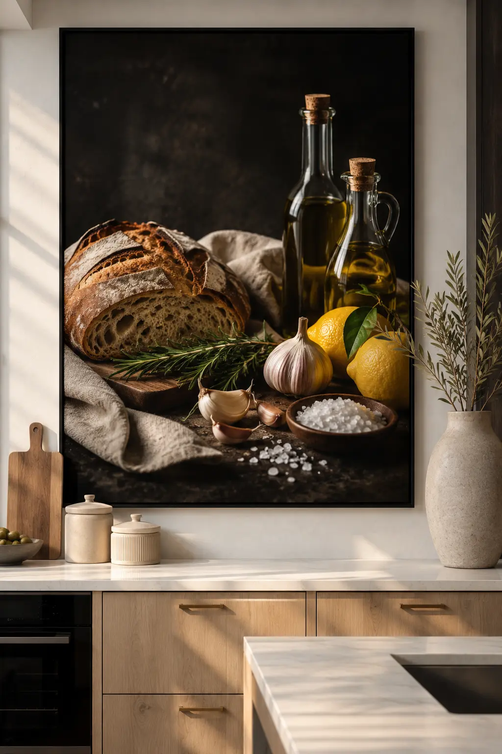 Oversized gourmet food photography featuring artisan bread, olive oil, lemons, garlic, herbs, and rustic ingredients displayed above a modern kitchen countertop with neutral decor and luxury contemporary cabinetry.