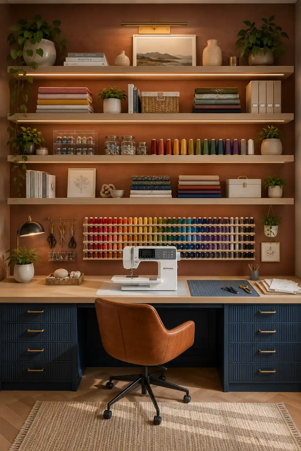 Luxury small sewing room with a colorful wall mounted thread display, custom navy sewing cabinets, floating wood shelves, premium sewing machine, organized fabric storage, warm LED lighting, stylish décor, and elegant sewing room organization ideas for compact creative spaces.