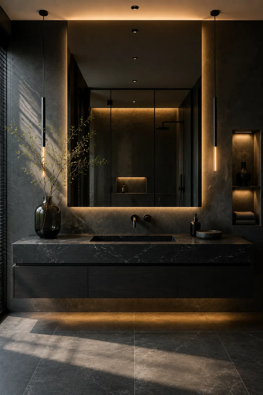 Dramatic black stone bathroom vanity with a floating dark wood cabinet, integrated sink, oversized backlit mirror, slim pendant lights, warm ambient lighting, charcoal stone walls, and moody modern luxury bathroom decor.