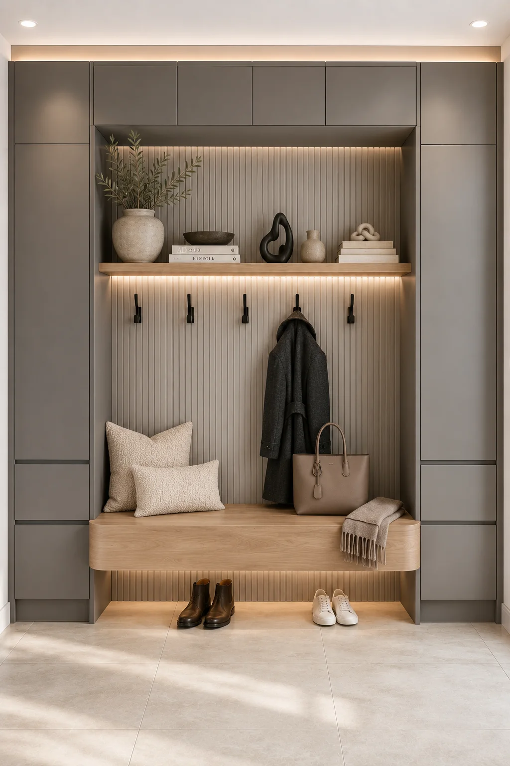 Contemporary IKEA mudroom with gray built in cabinets, floating wood bench, vertical fluted wall panels, decorative shelf styling, concealed storage, matte black coat hooks, warm LED lighting, and functional entryway organization for busy modern households.