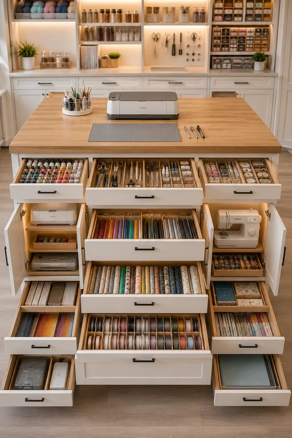 Luxury craft room island with built in storage drawers, spacious wood countertop, Cricut machine, sewing supplies, vinyl storage, ribbon organizers, paint collections, cardstock, deep pull out drawers, hidden cabinets, and modern craft room organization ideas that combine extra workspace with smart storage solutions for creative spaces.