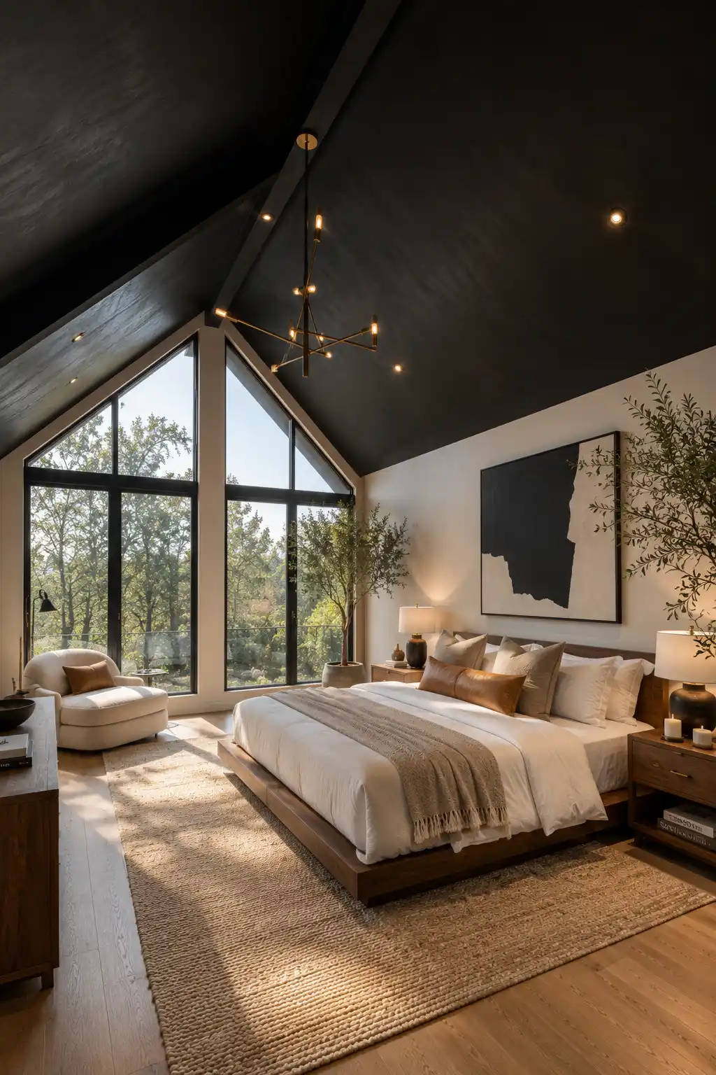 Modern luxury bedroom featuring a dramatic matte black slanted ceiling, contemporary vaulted ceiling with recessed lighting and designer chandelier, oversized black framed windows, warm wood platform bed, layered neutral bedding, cozy textured rug, minimalist furniture, elegant modern farmhouse bedroom, bold dark ceiling inspiration, luxury sloped ceiling interior with natural daylight.