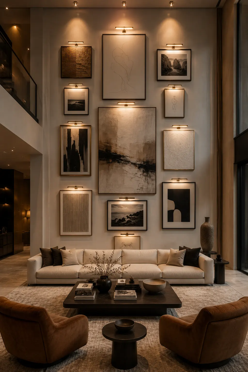 Elegant double height living room with a curated floor to ceiling gallery wall featuring oversized abstract art, framed photography, textured artwork, warm individual picture lights, cream sofa, brown lounge chairs, and sophisticated high ceiling wall decor.