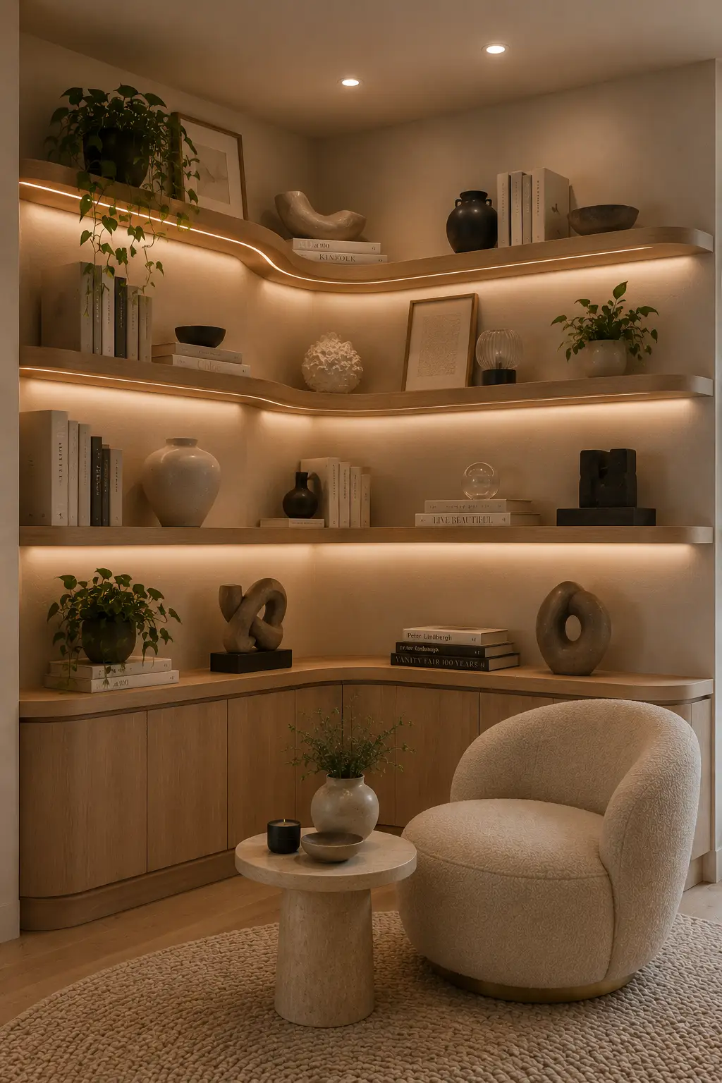 Modern curved corner bookshelf featuring flowing light wood shelves, rounded built in cabinets, warm LED lighting, neutral books, sculptural decor, ceramic vases, trailing plants, a cream boucle chair, and a small stone side table.