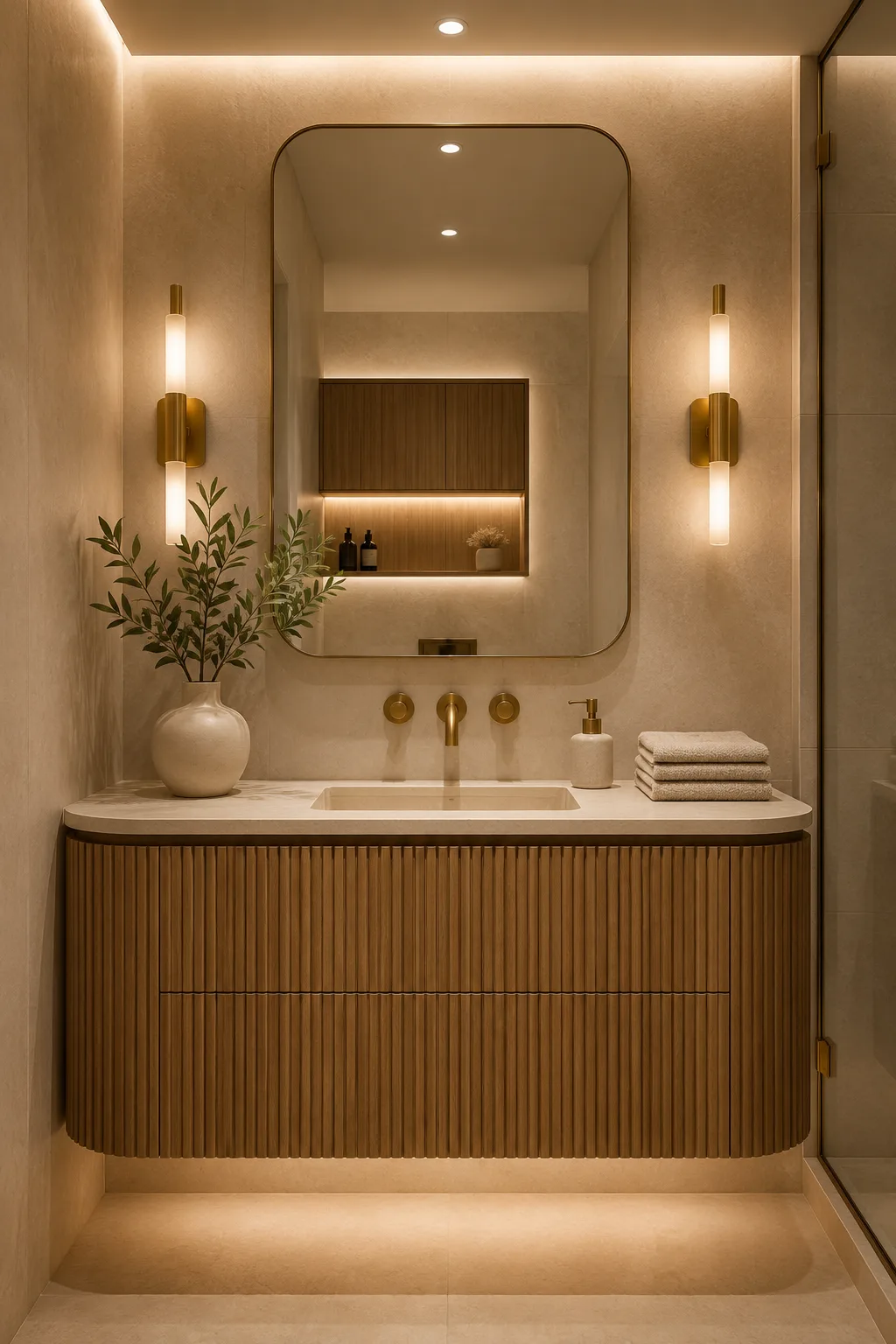 Luxury small bathroom featuring a curved fluted wood vanity, integrated stone sink, tall rounded rectangular mirror, warm brass wall mounted faucet, elegant vertical wall sconces, creamy stone walls, folded neutral towels, ceramic accessories, and soft concealed lighting.