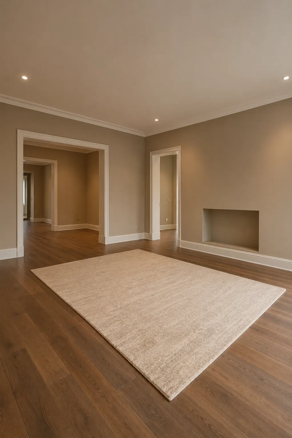 Empty contemporary living room with warm mushroom beige painted walls, subtle taupe undertones, crisp white doorway trim, dark natural wood flooring, a recessed wall niche, and a large soft cream area rug.