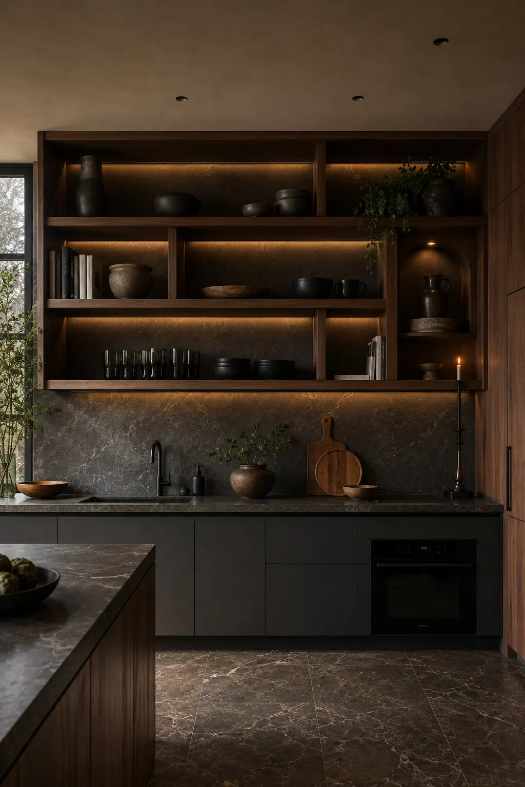 Moody luxury kitchen featuring custom dark walnut open shelving with asymmetrical compartments, integrated warm lighting, dark ceramic pottery, smoky glassware, neutral books, trailing greenery, textured stone backsplash, charcoal cabinetry, and rich natural stone flooring.