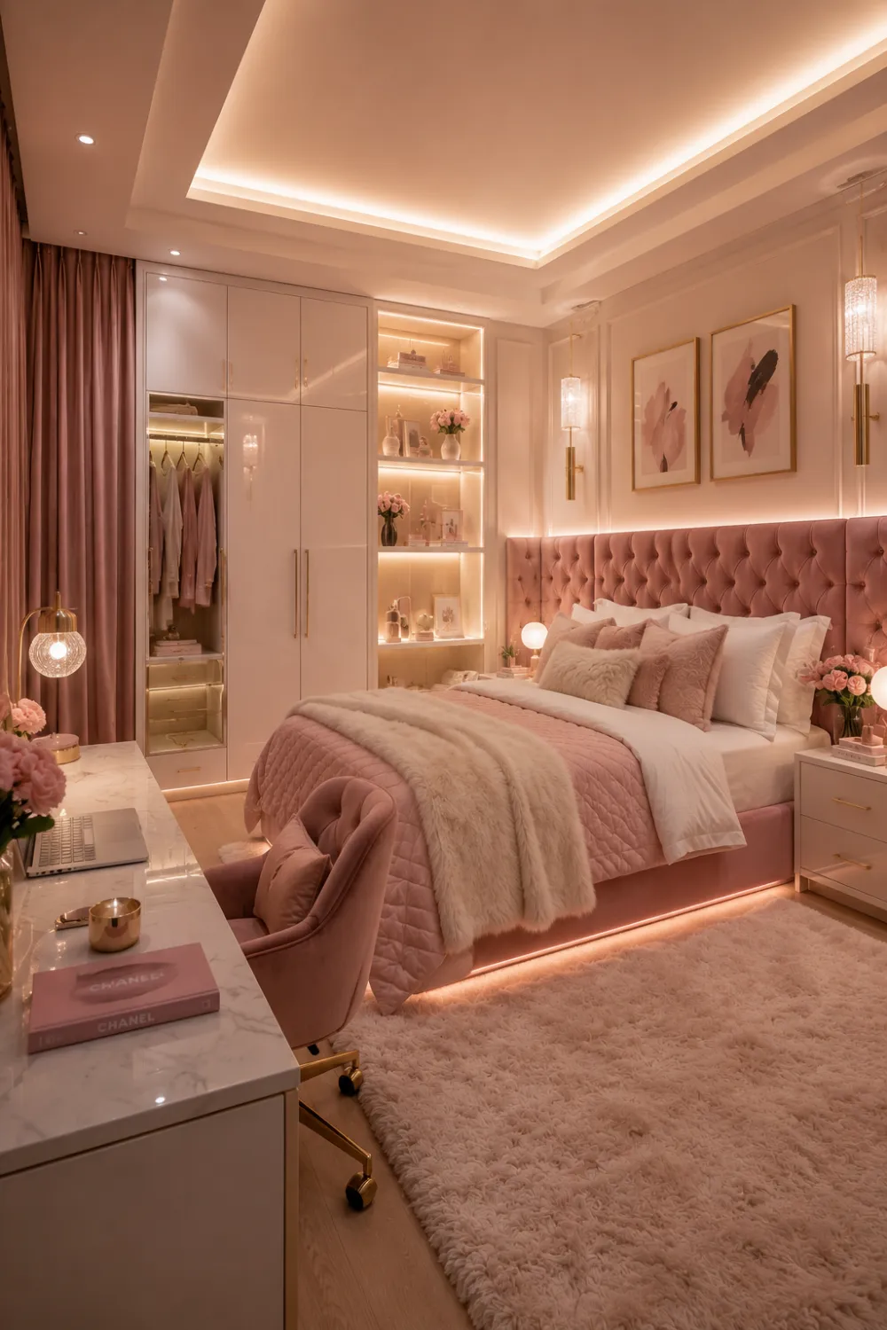 Modern glam pink dorm room with tufted blush headboard, luxury bedding, faux fur throw, marble style desk, gold accents, crystal lighting, elegant wall art, plush area rug, built in wardrobe, and sophisticated pink college dorm room inspiration.