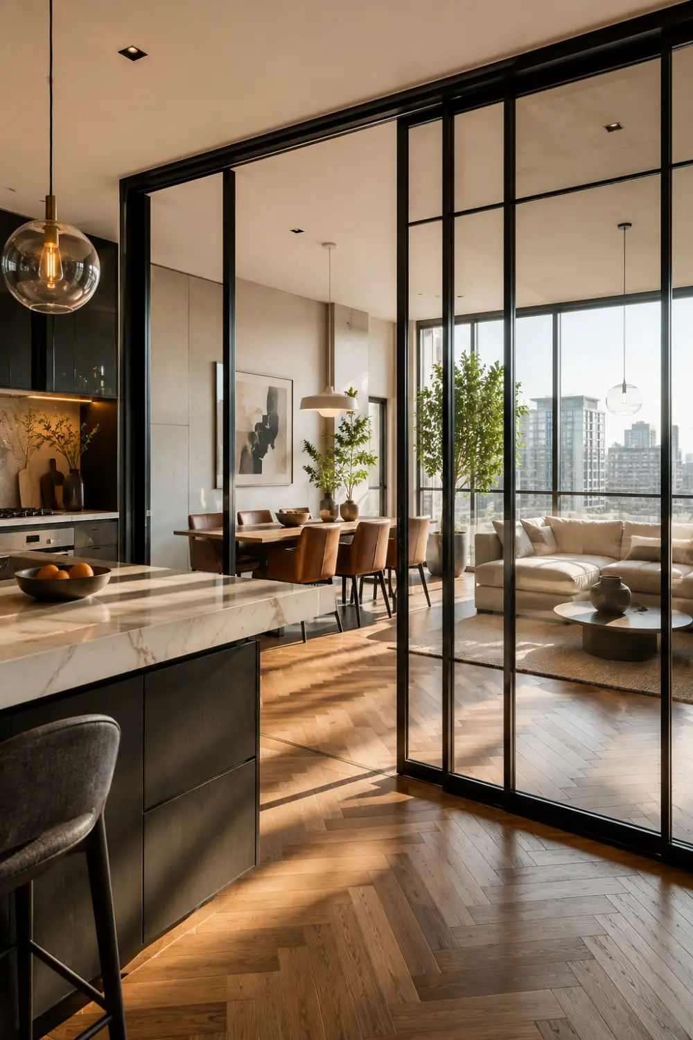 Modern sliding black framed glass partition doors separating the kitchen, dining room, and living room with herringbone wood flooring, marble countertops, natural sunlight, open concept layout, luxury apartment interior, and contemporary home décor.