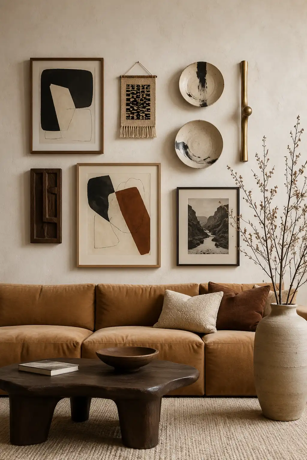 Organic modern living room featuring a creative mixed material wall display with framed abstract art, woven textile decor, handmade ceramic wall plates, carved wood art, and a sculptural brass accent above a warm camel sofa with earthy neutral styling.