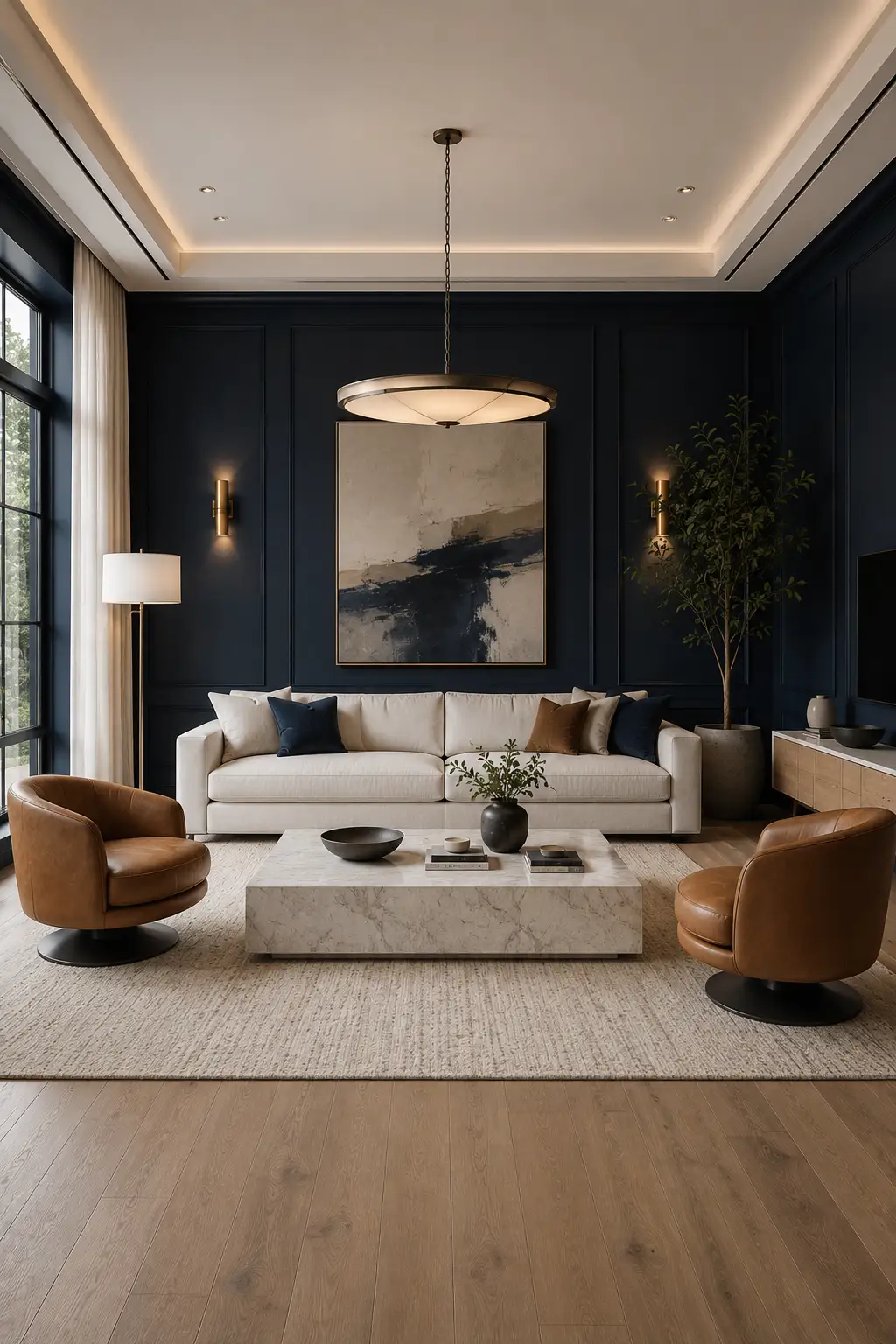 Sophisticated luxury living room with moody navy blue painted walls, a large ivory sofa, cognac leather swivel chairs, a rectangular marble coffee table, warm oak flooring, cream area rug, abstract artwork, brass sconces, and modern ceiling lighting.