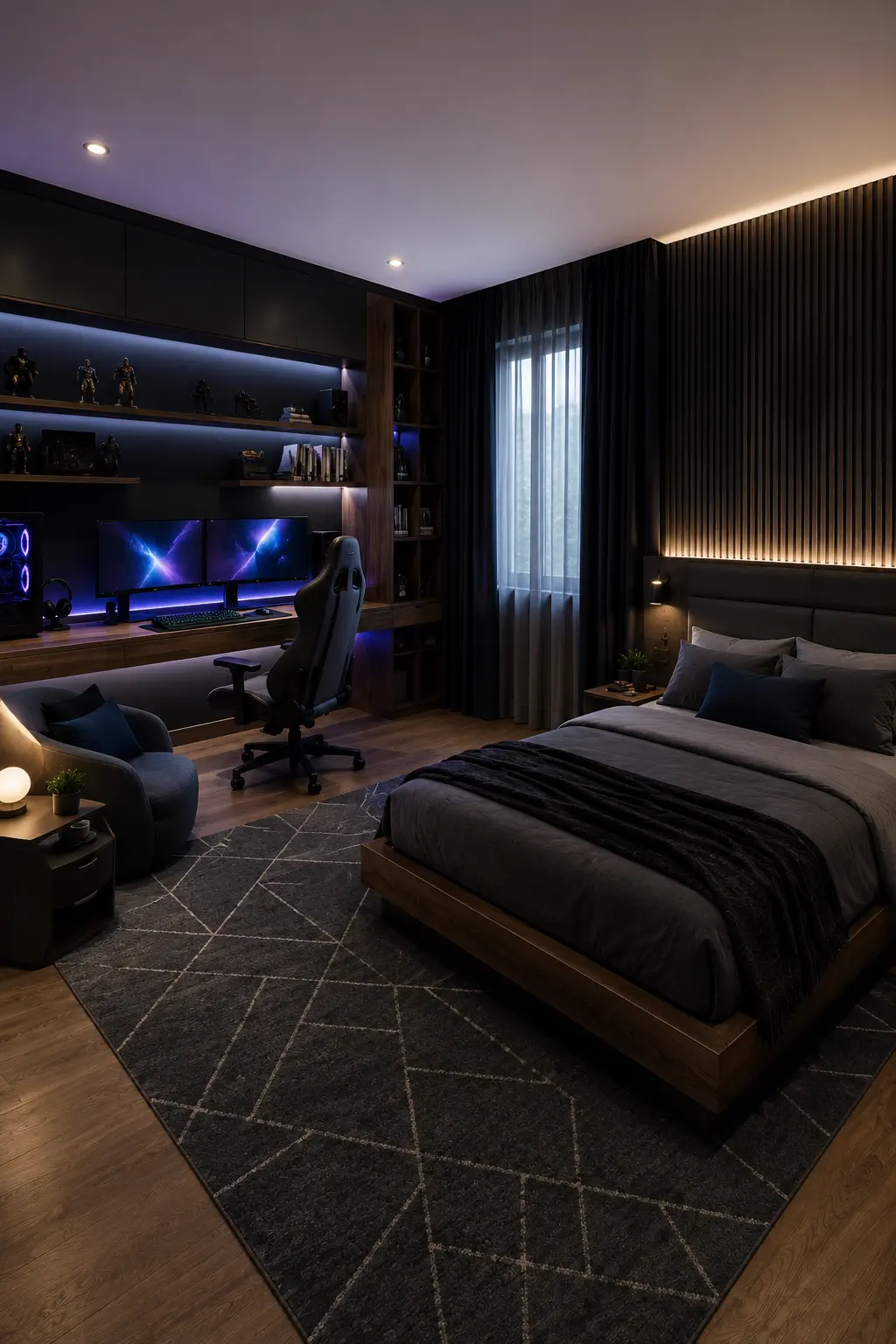 Modern gaming boys’ bedroom featuring dark charcoal walls, a walnut platform bed, layered black and gray bedding, dual monitor gaming desk, ergonomic gaming chair, blue ambient lighting, built in display shelves, lounge chair, geometric rug, and warm wood flooring.