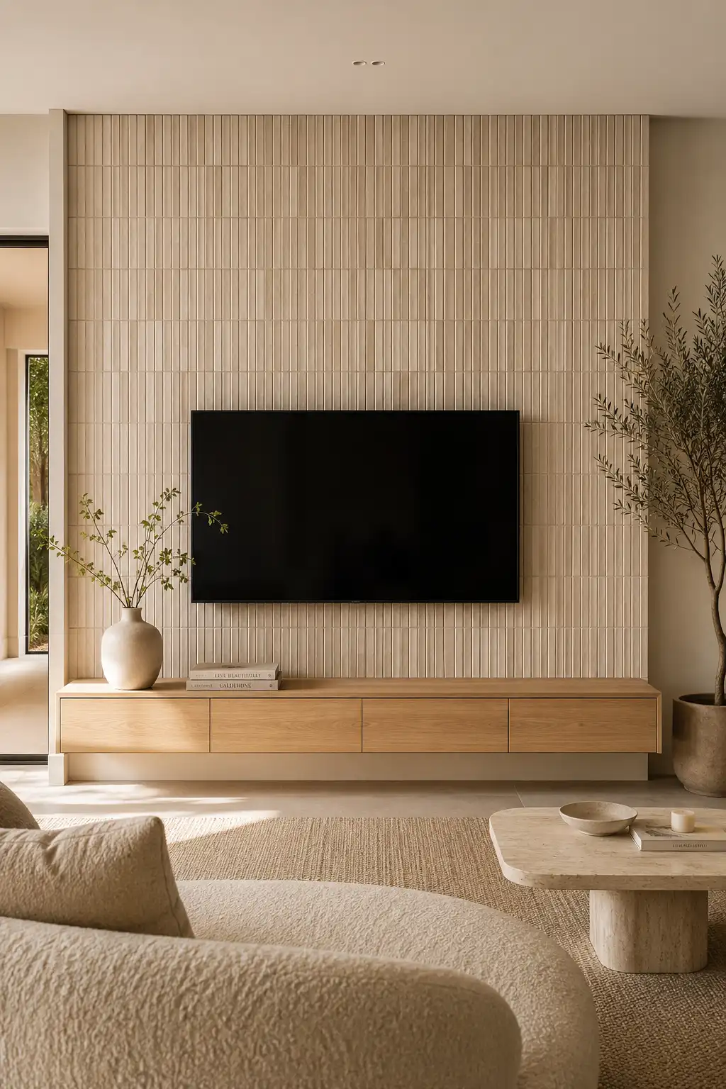 Modern vertical tile TV wall featuring slim warm ivory tiles from floor to ceiling, a large wall mounted television, light oak floating media console, curved cream sofa, textured neutral rug, organic coffee table, and warm minimalist living room decor.