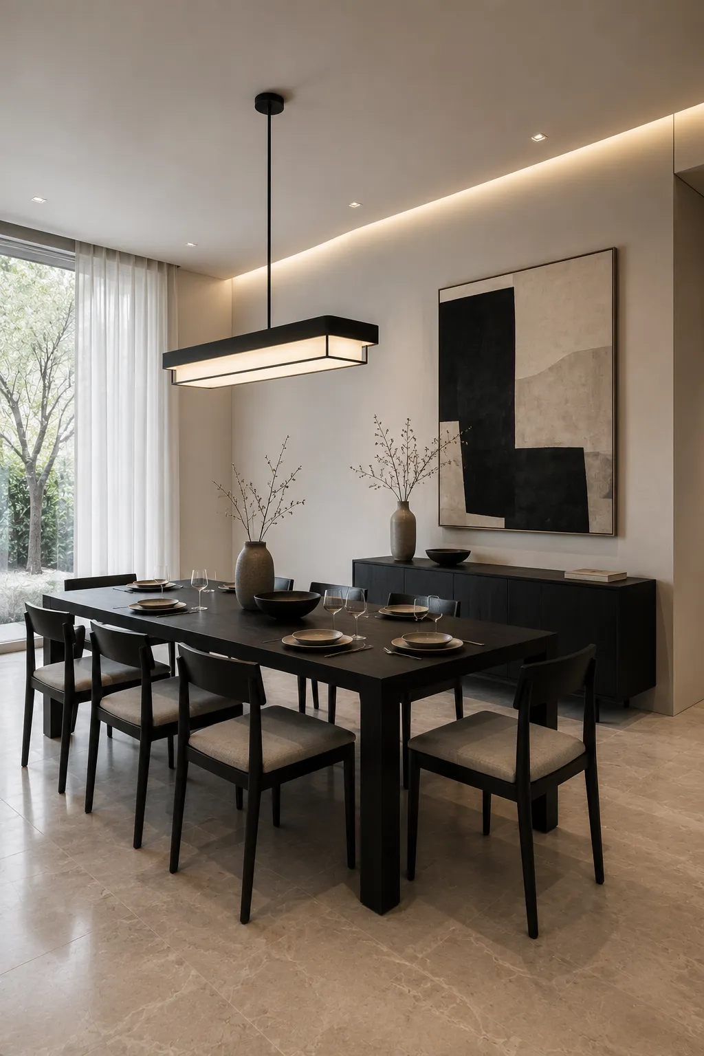 Minimalist modern dining room featuring a matte black rectangular dining table, matching black wood chairs with neutral upholstered seats, large geometric abstract artwork, sleek black sideboard, oversized linear pendant light, warm gray walls, sheer white curtains, and clean architectural ceiling lighting.