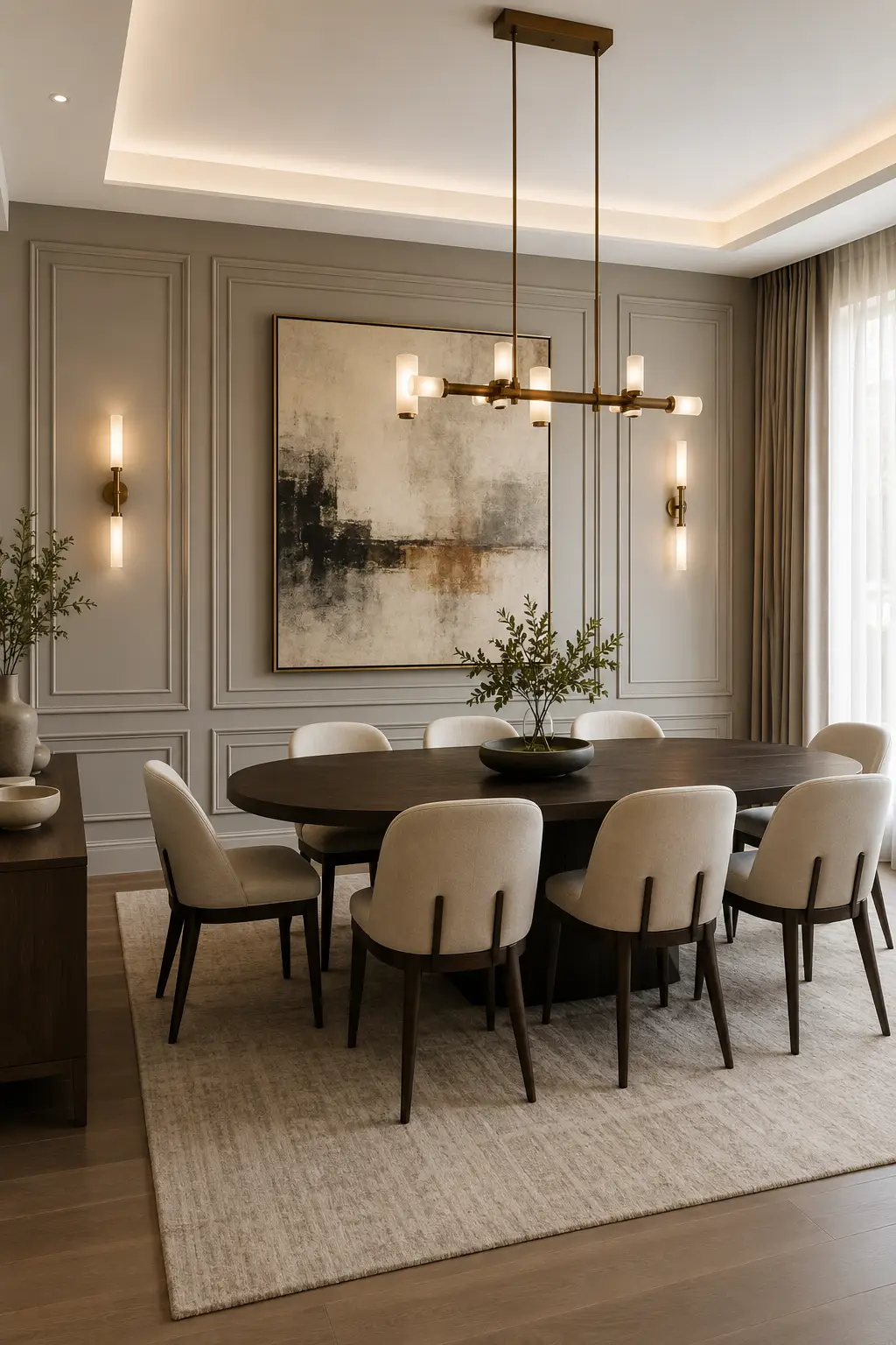 Elegant modern dining room with large rectangular wall molding panels, oversized neutral abstract artwork, symmetrical contemporary wall sconces, dark oval wood dining table, cream upholstered chairs, and a sophisticated linear chandelier.