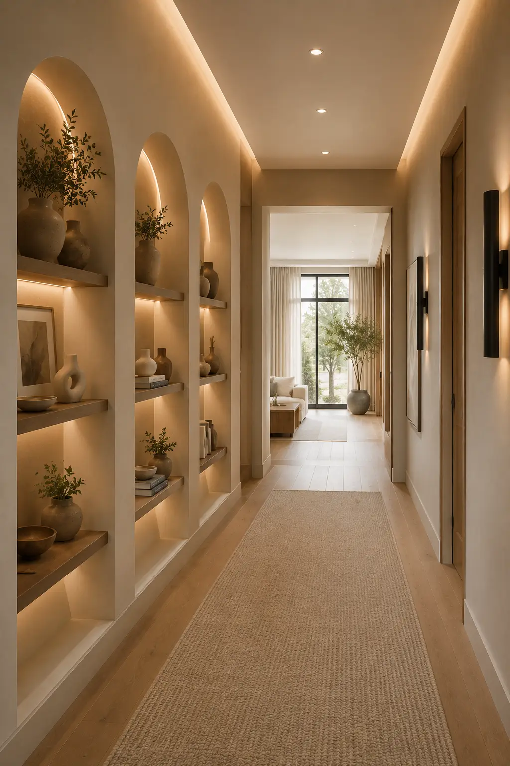DIY recessed arched wall display niches with floating shelves, hidden warm LED lighting, ceramic vases, sculptural décor, stacked books, decorative bowls, oak flooring, textured runner rug, warm white walls, and elegant modern hallway interior design.