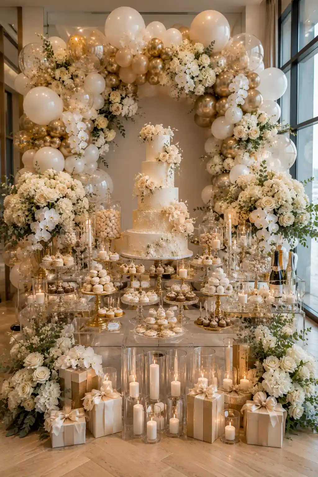 Luxury birthday dessert table featuring a beautiful multi tier cake, elegant cupcakes, macarons, crystal dessert stands, white floral arrangements, candles, premium balloon arch, acrylic display stands, and modern birthday party table decoration in white and gold.
