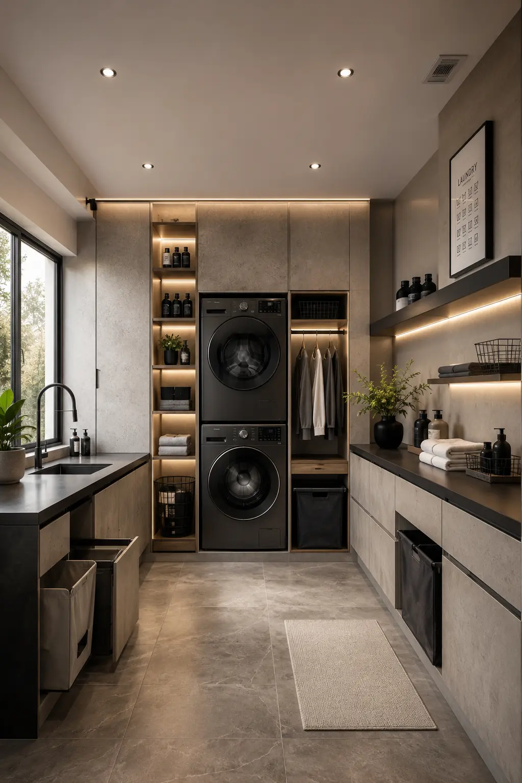 Modern concrete style laundry room with stacked front load washer and dryer, concrete inspired cabinets, black countertops, floor to ceiling storage, built in hanging section, open illuminated shelves, warm LED lighting, gray porcelain flooring, and smart organization for contemporary homes.