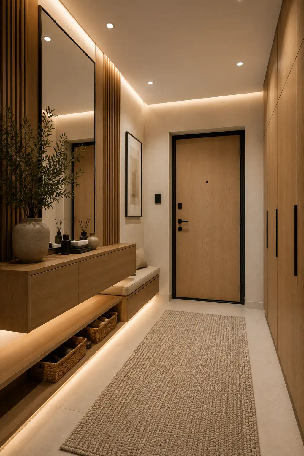 Warm wood contemporary entrance hall with floating oak console, full height storage cabinets, oversized black framed mirror, built in bench seating, woven storage baskets, textured neutral walls, recessed LED lighting, porcelain flooring, indoor greenery, and a welcoming modern home entry design.