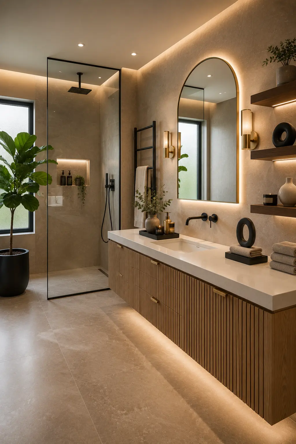 Luxury guest bathroom with an oversized arched backlit statement mirror above a fluted wood floating vanity, white quartz countertop, matte black wall mounted faucet, elegant wall sconces, floating wood shelves with decorative ceramics, folded luxury towels, indoor plant, frameless glass shower, warm beige porcelain tiles, concealed LED lighting, and contemporary designer bathroom décor.