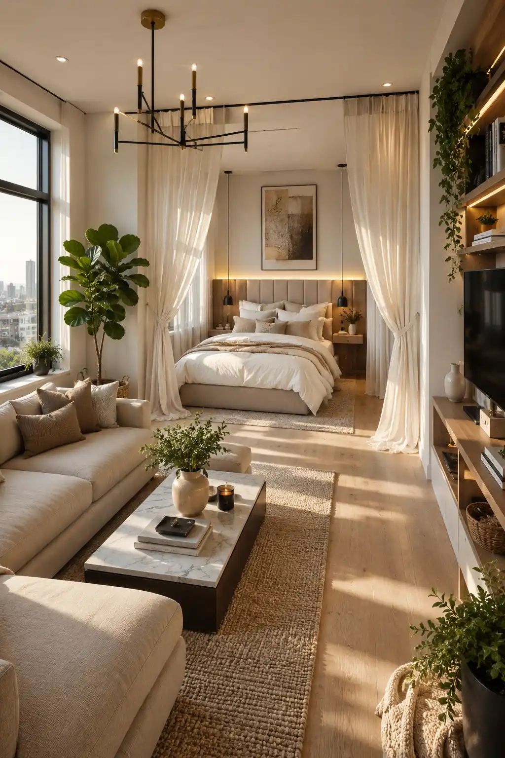 Bright luxury studio apartment with a cozy bedroom nook surrounded by floor to ceiling sheer curtains, layered neutral bedding, modern pendant lighting, cream sofa, marble coffee table, oversized windows, warm oak flooring, indoor greenery, and elegant small apartment design that creates private sleeping space without walls.