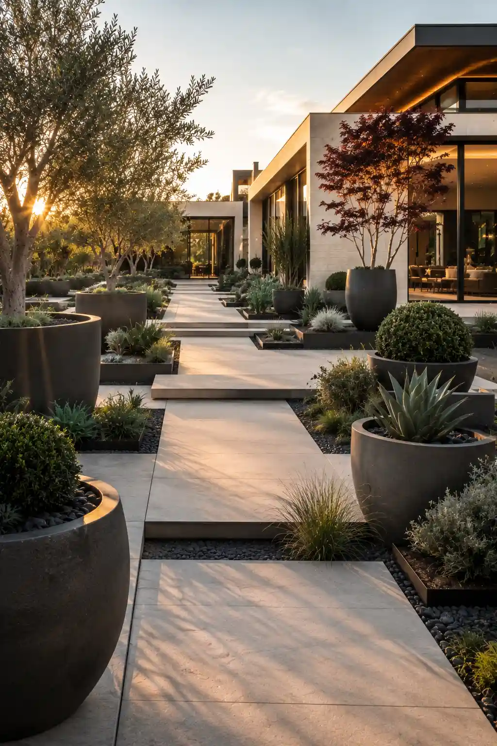Modern architectural concrete planters with mature olive trees, sculptural shrubs, oversized planters, contemporary garden pathway, premium landscape architecture, luxury front yard landscaping, elegant modern backyard design, ornamental grasses, geometric garden layout, minimalist outdoor decor, sophisticated landscape styling, luxury residential garden, designer outdoor planters, and high end landscaping inspiration.