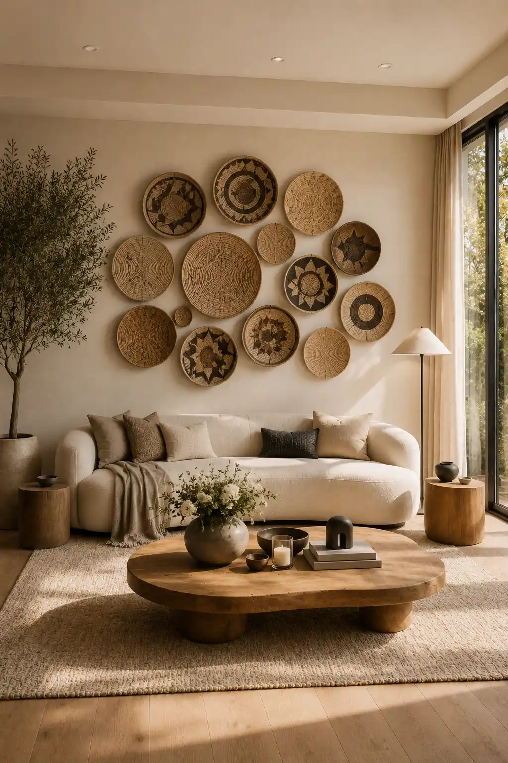 Handcrafted woven basket wall display above a curved cream sofa featuring natural rattan baskets in different sizes and patterns, round wooden coffee table, textured area rug, oak furniture, indoor olive tree, linen curtains, soft natural lighting, and creative DIY woven basket wall décor ideas for blank living room walls.
