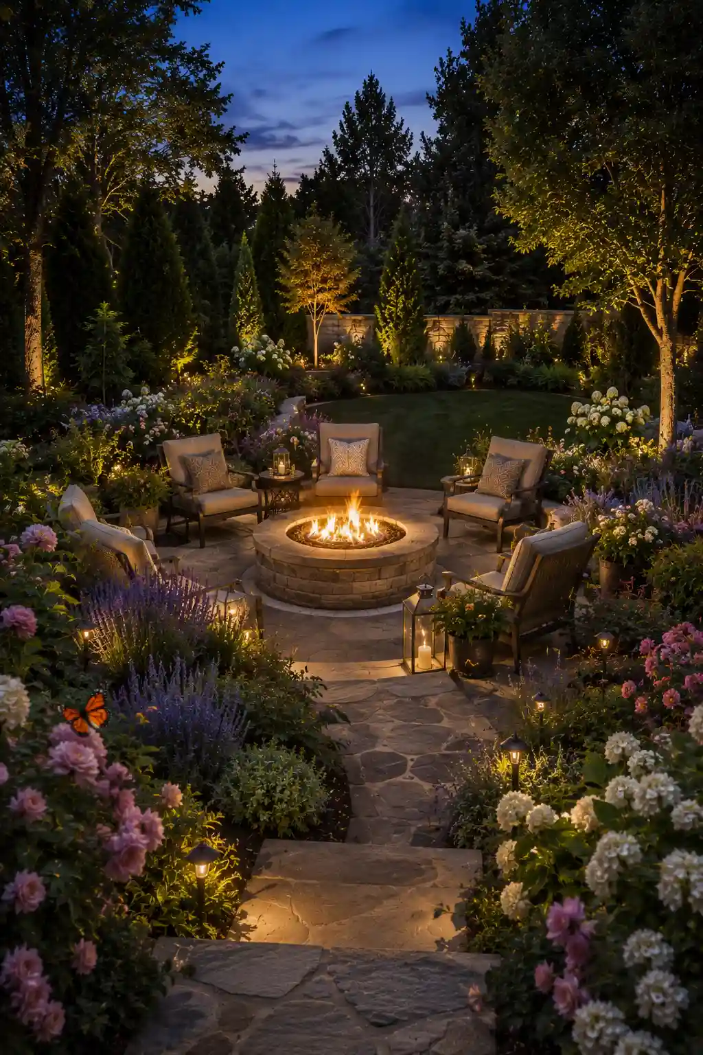 Luxury garden fire pit surrounded by blooming hydrangeas, lavender, colorful flowers, natural stone pathways, cushioned outdoor chairs, glowing landscape lighting, mature trees, elegant backyard garden, circular stone fire pit, and peaceful outdoor retreat with lush landscaping.