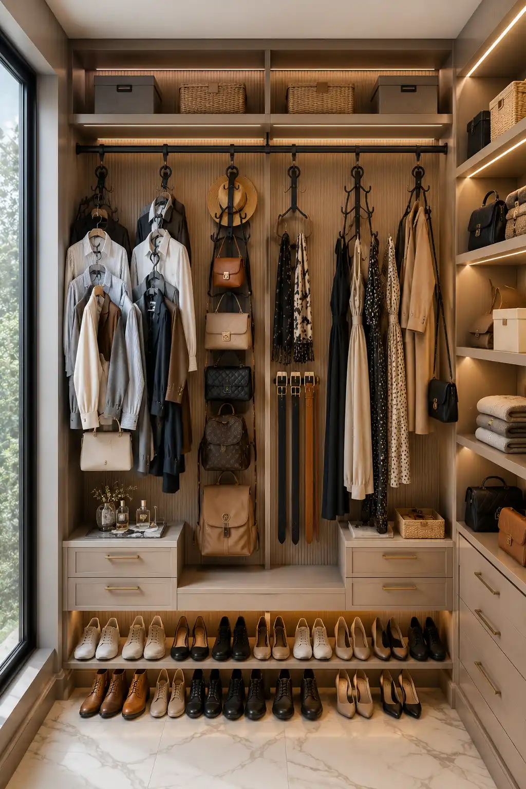 Small closet organization ideas using closet rod hooks to organize handbags, scarves, belts, hats, dresses, and accessories vertically inside a modern luxury closet. Custom shelving, hanging clothes, LED lighting, and smart closet storage ideas that increase hanging space without adding extra furniture.