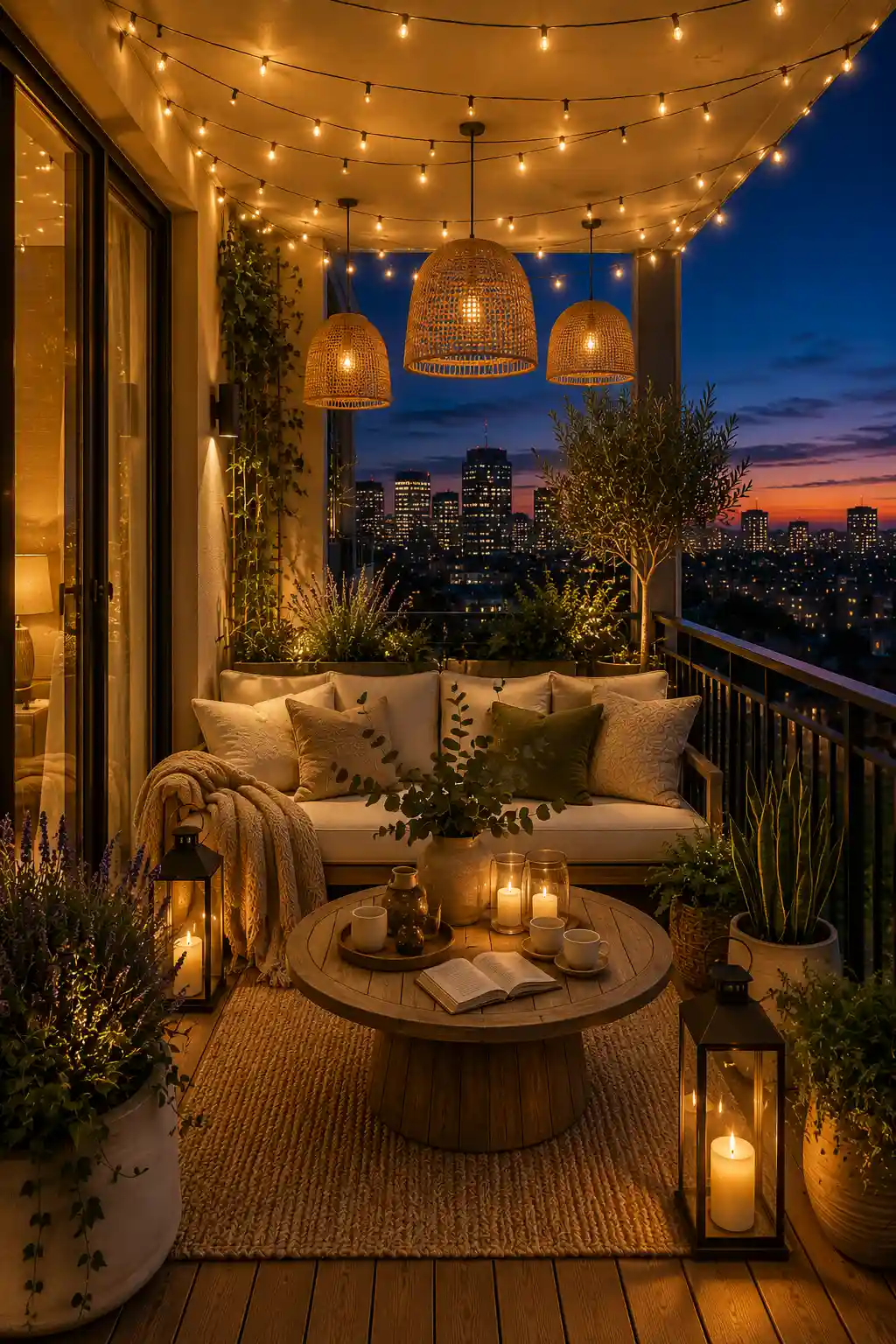 Elegant small apartment balcony decorated with warm Edison string lights, woven lanterns, cozy outdoor sofa, wooden coffee table, textured rug, lush olive trees, lavender, trailing ivy, natural wood decking, and glowing evening ambiance overlooking a beautiful city skyline for relaxing outdoor living.