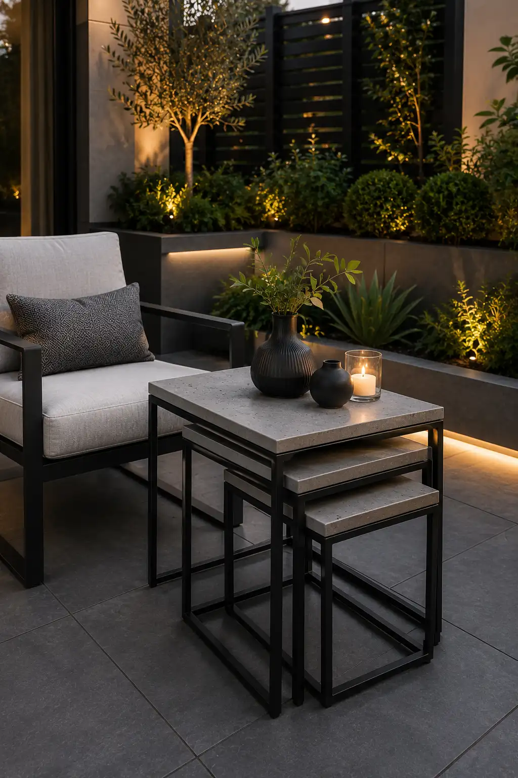 Modern nesting side tables with matte black metal frames and premium concrete tops beside a contemporary outdoor lounge chair on a stylish small patio featuring architectural landscaping, charcoal porcelain pavers, ambient landscape lighting, and multifunctional outdoor furniture ideas for compact outdoor spaces.