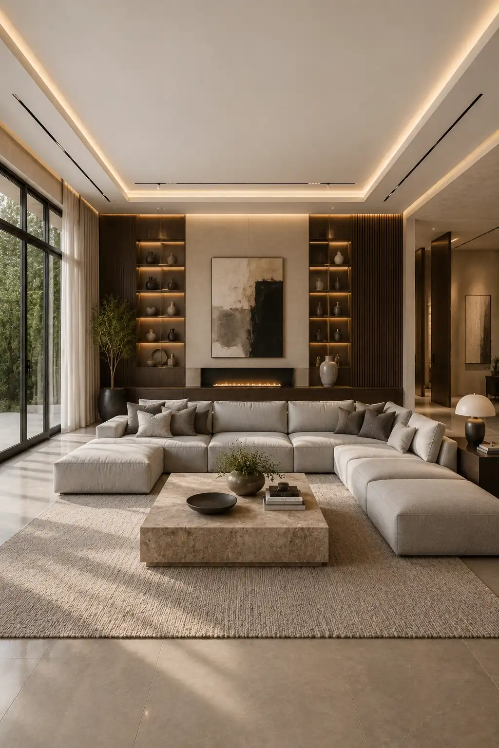 Luxury open concept grey couch living room featuring a spacious modular sectional sofa, oversized stone coffee table, walnut slat feature wall, floating TV unit, linear fireplace, illuminated display shelves, floor to ceiling windows, warm ambient lighting, premium neutral décor, porcelain flooring, and an elegant designer inspired modern interior.