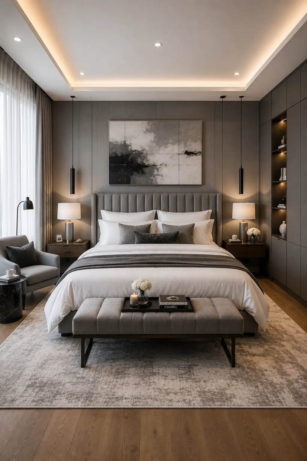 Contemporary gray guest bedroom featuring a tall gray channel tufted upholstered bed, layered white bedding with charcoal accent pillows, decorative gray wall panels, oversized abstract artwork, black pendant lights, walnut floating nightstands, custom built in cabinetry, upholstered storage bench, textured neutral area rug, oak flooring, cozy reading chair, warm lighting, and modern luxury guest bedroom décor.