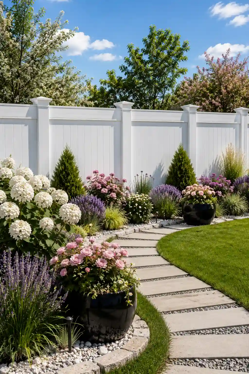 Modern white vinyl privacy garden fence with clean vertical panels, blooming white hydrangeas, pink roses, lavender, evergreen shrubs, curved concrete garden pathway, decorative white gravel, lush green lawn, elegant backyard landscaping, timeless garden fencing ideas, beautiful outdoor privacy fence inspiration.