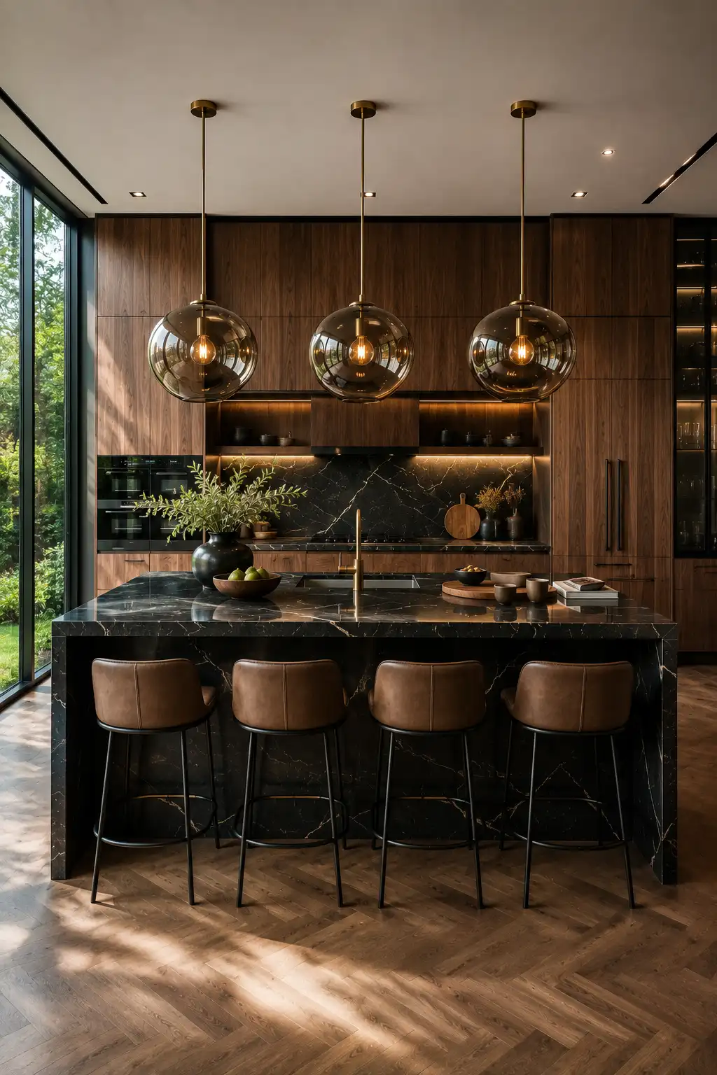 Luxury walnut kitchen with oversized smoked glass globe pendant lights above a black marble waterfall kitchen island, rich walnut wood cabinets, black marble backsplash, leather counter stools, brushed brass fixtures, warm LED accent lighting, herringbone wood flooring, modern kitchen island lighting ideas, sculptural globe pendants, luxury kitchen inspiration, elegant contemporary kitchen design
