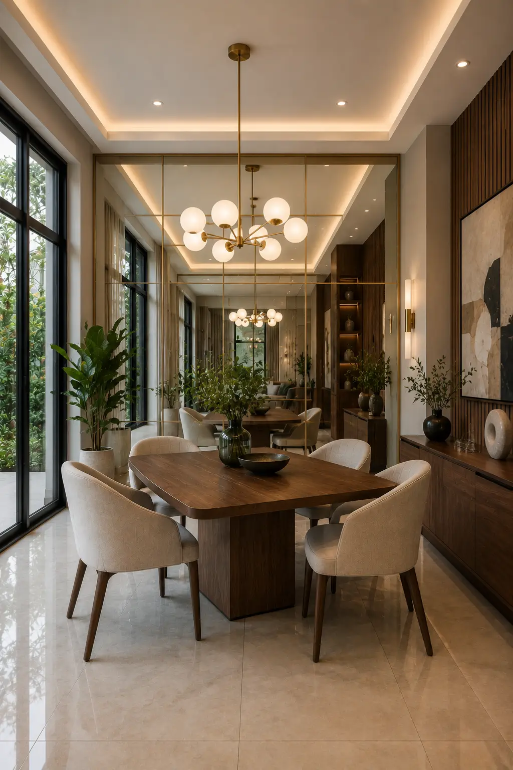 Elegant small dining room featuring a floor to ceiling mirror feature wall, walnut dining table, upholstered dining chairs, contemporary globe chandelier, modern sideboard, abstract artwork, indoor plants, polished flooring, and luxury home décor that creates a bright and spacious feel.