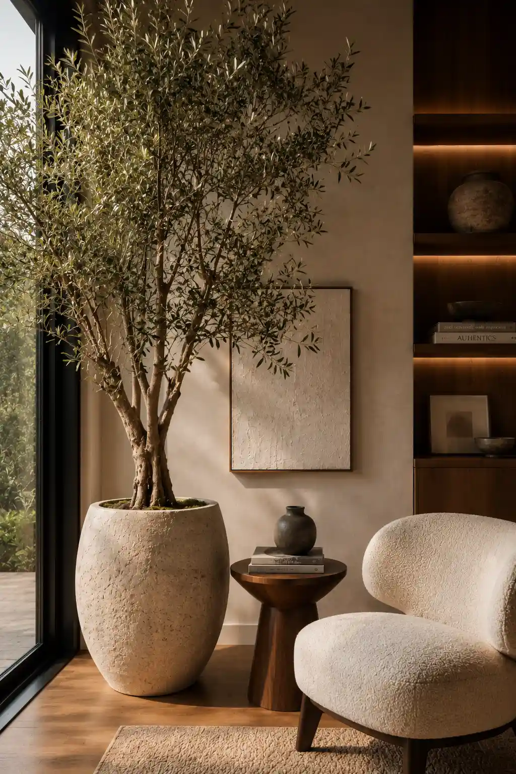 Modern mid century living room featuring a spacious curved cream boucle sofa, round natural stone coffee table, classic walnut lounge chairs, textured woven area rug, indoor olive tree, neutral color palette, floor to ceiling windows, cozy organic styling, luxury designer furniture, timeless contemporary living room inspiration.