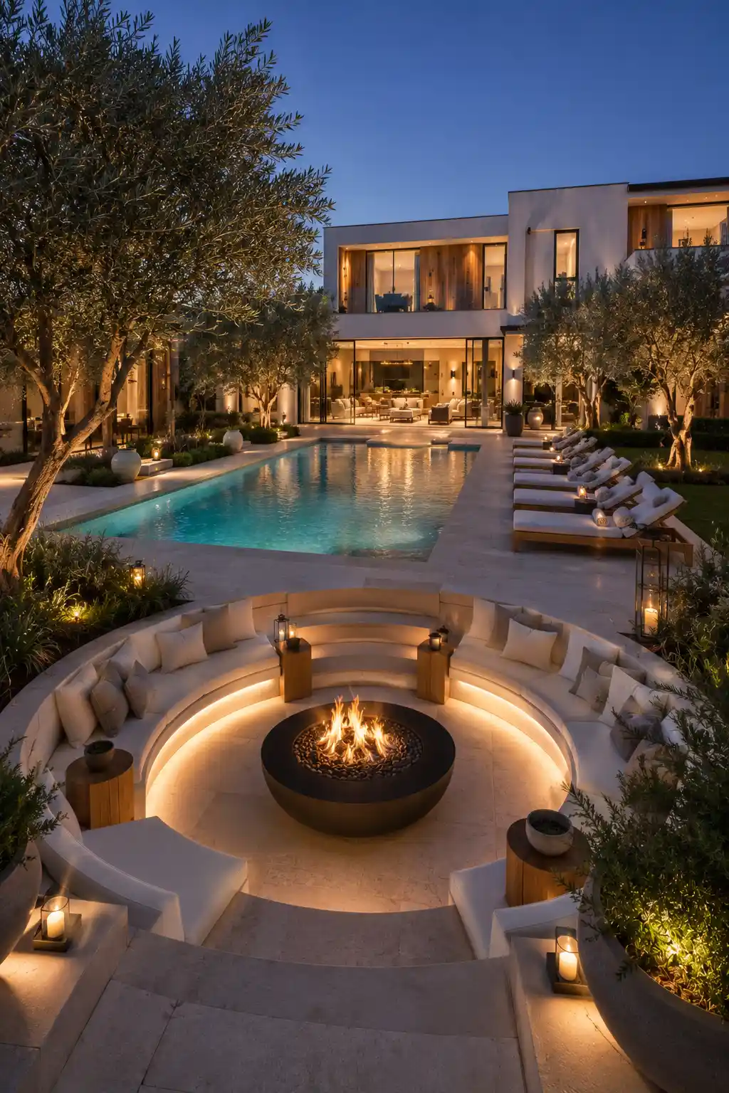 Luxury backyard featuring a circular sunken fire pit lounge, built in curved seating with plush cushions, glowing fire bowl, cream limestone pool deck, elegant swimming pool, premium chaise lounge chairs, olive trees, landscape lighting, contemporary luxury home, sophisticated outdoor entertaining area, modern backyard fire pit design, resort style poolside gathering space.