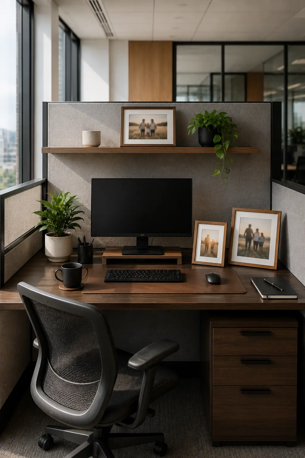Cozy cubicle decor ideas with framed family photos, modern office desk, indoor plants, floating wood shelf, neutral office accessories, leather desk mat, stylish workspace decor, personalized office cubicle, minimalist desk setup, and elegant office inspiration for everyday productivity.