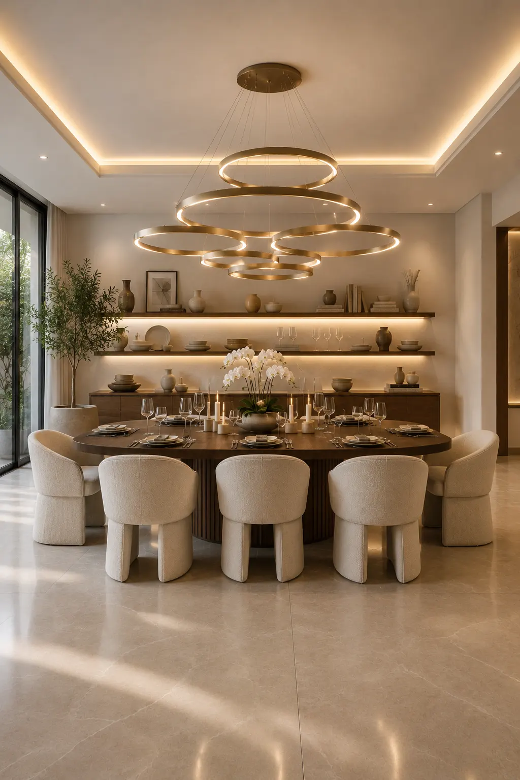 Elegant luxury dining room featuring an oversized layered ring chandelier, solid walnut dining table, cream boucle dining chairs, floating walnut sideboard, illuminated shelving, warm neutral interior, porcelain flooring, designer lighting, and sophisticated modern home décor.